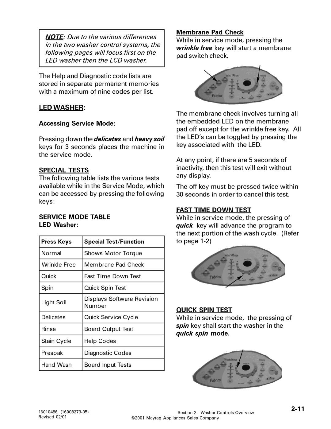 Maytag 16010061 service manual LED Washer, Special Tests, Service Mode Table, Fast Time Down Test, Quick Spin Test 