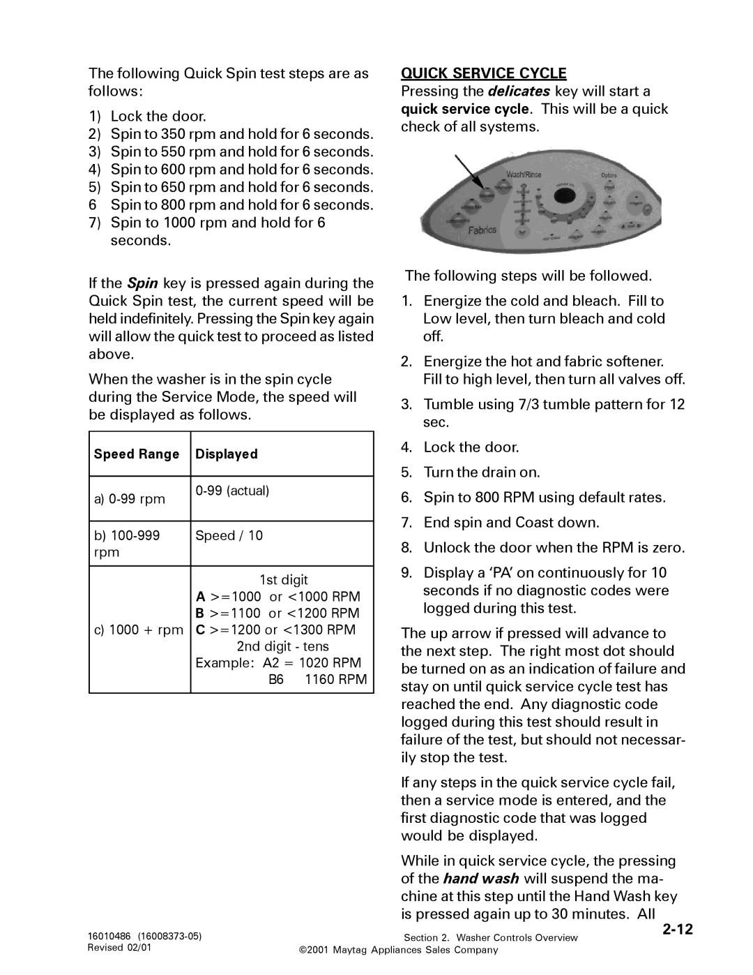 Maytag 16010061 service manual Quick Service Cycle 