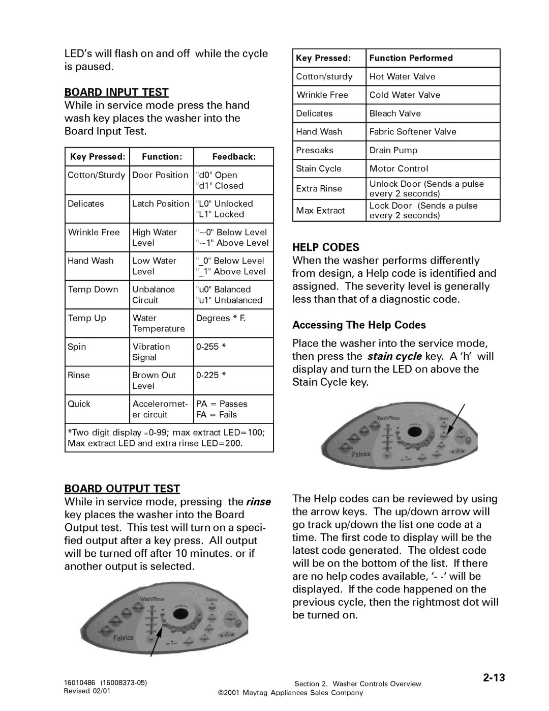 Maytag 16010061 service manual Board Input Test, Accessing The Help Codes, Board Output Test 