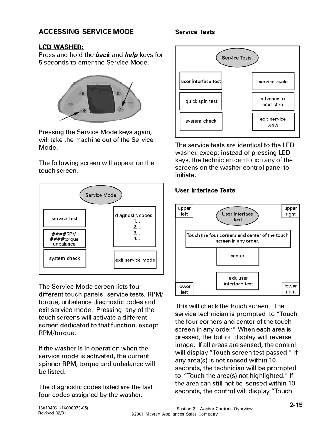 Maytag 16010061 service manual Accessing Service Mode, LCD Washer, Service Tests, User Interface Tests 