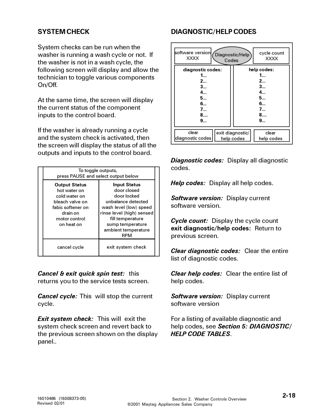 Maytag 16010061 service manual System Check, DIAGNOSTIC/HELP Codes, Exit diagnostic/help codes Return to 