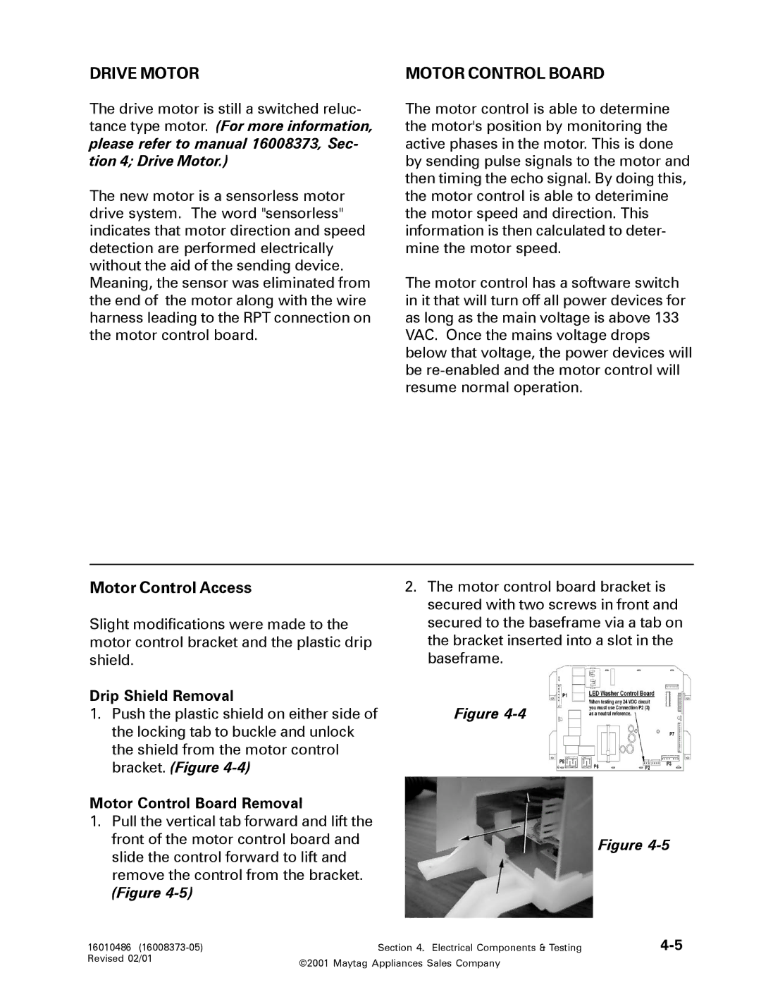 Maytag 16010061 service manual Drive Motor, Drip Shield Removal, Motor Control Board Removal 