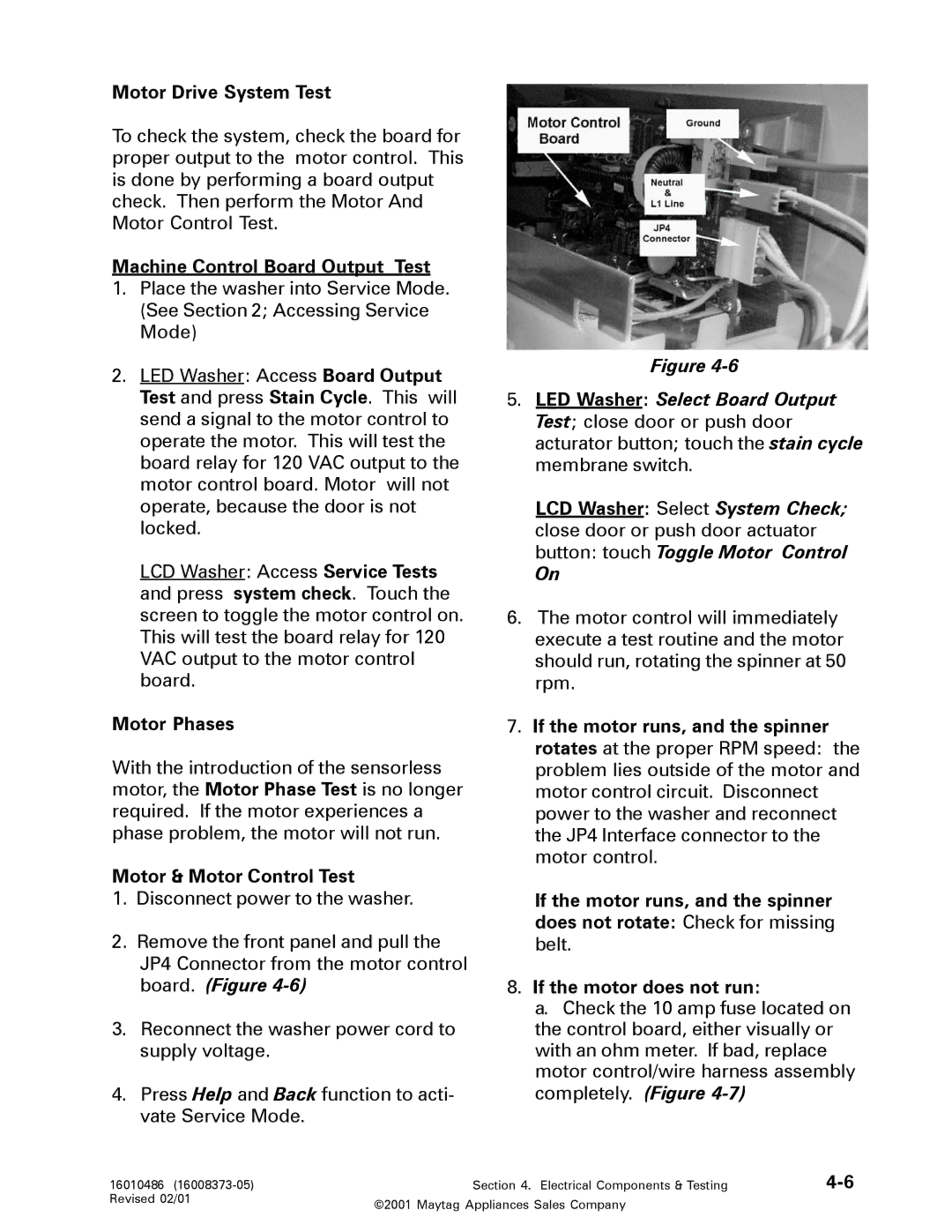 Maytag 16010061 Motor Drive System Test, Machine Control Board Output Test, Motor Phases, Motor & Motor Control Test 