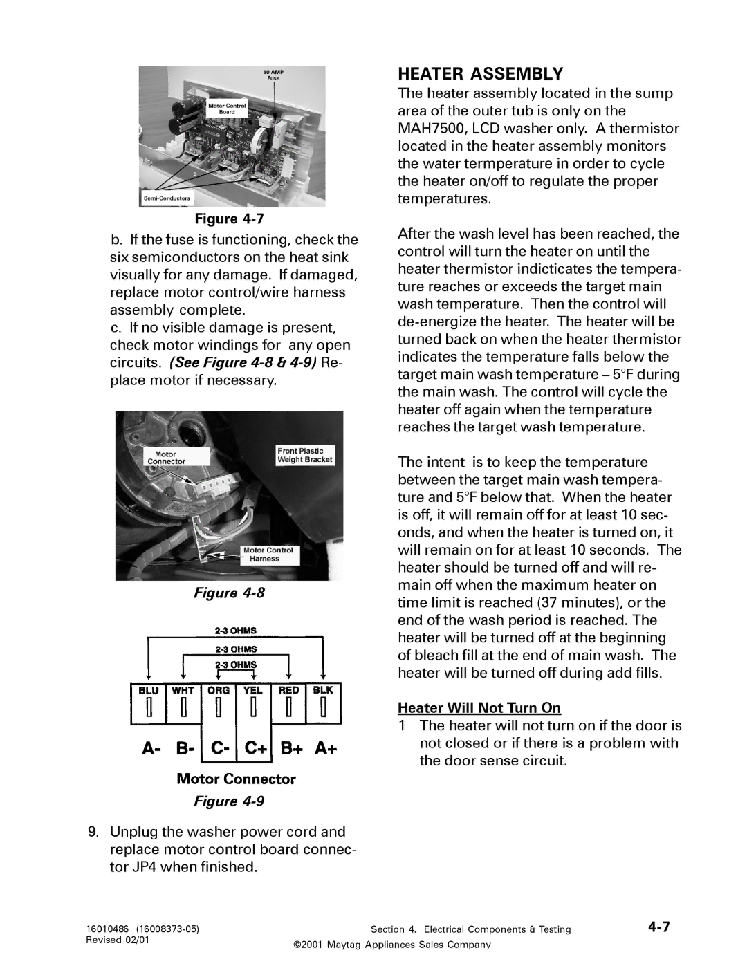 Maytag 16010061 service manual Heater Assembly, Heater Will Not Turn On 