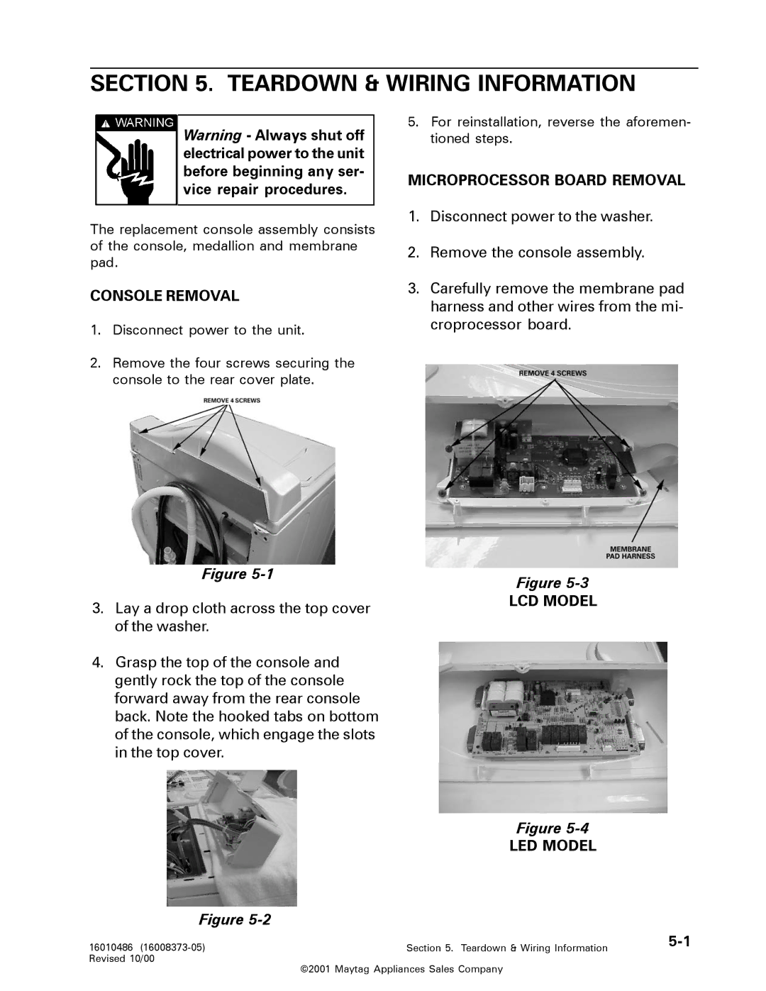 Maytag 16010061 Teardown & Wiring Information, Console Removal, Microprocessor Board Removal, LCD Model LED Model 