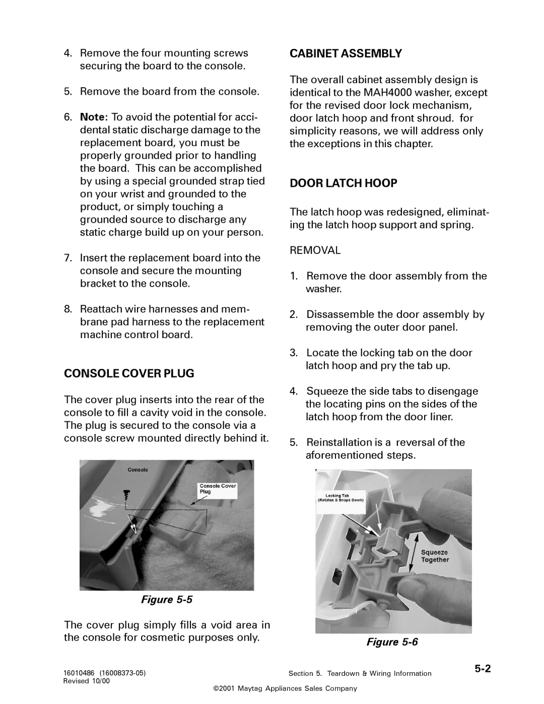 Maytag 16010061 service manual Console Cover Plug, Cabinet Assembly, Door Latch Hoop 