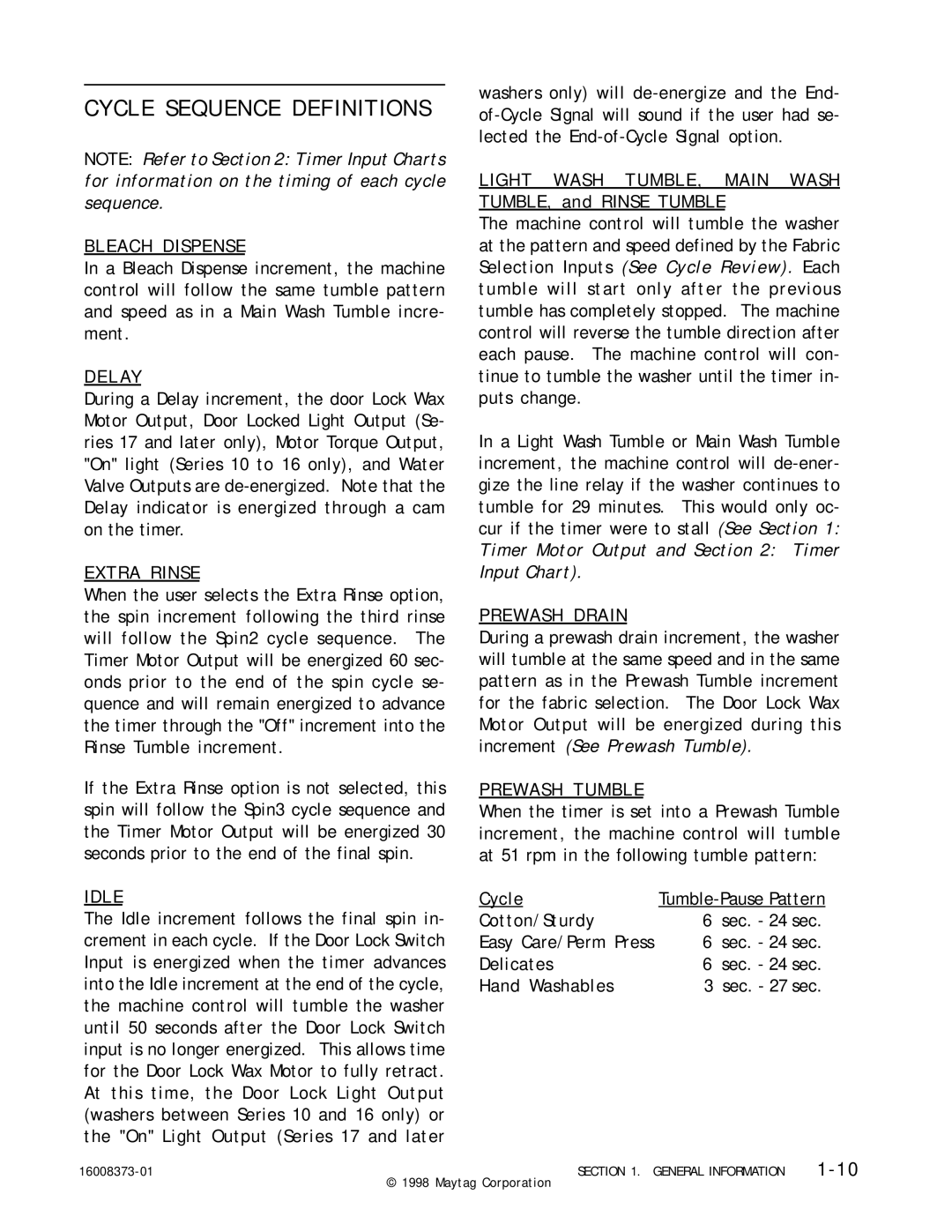 Maytag 16010061 service manual Cycle Sequence Definitions 