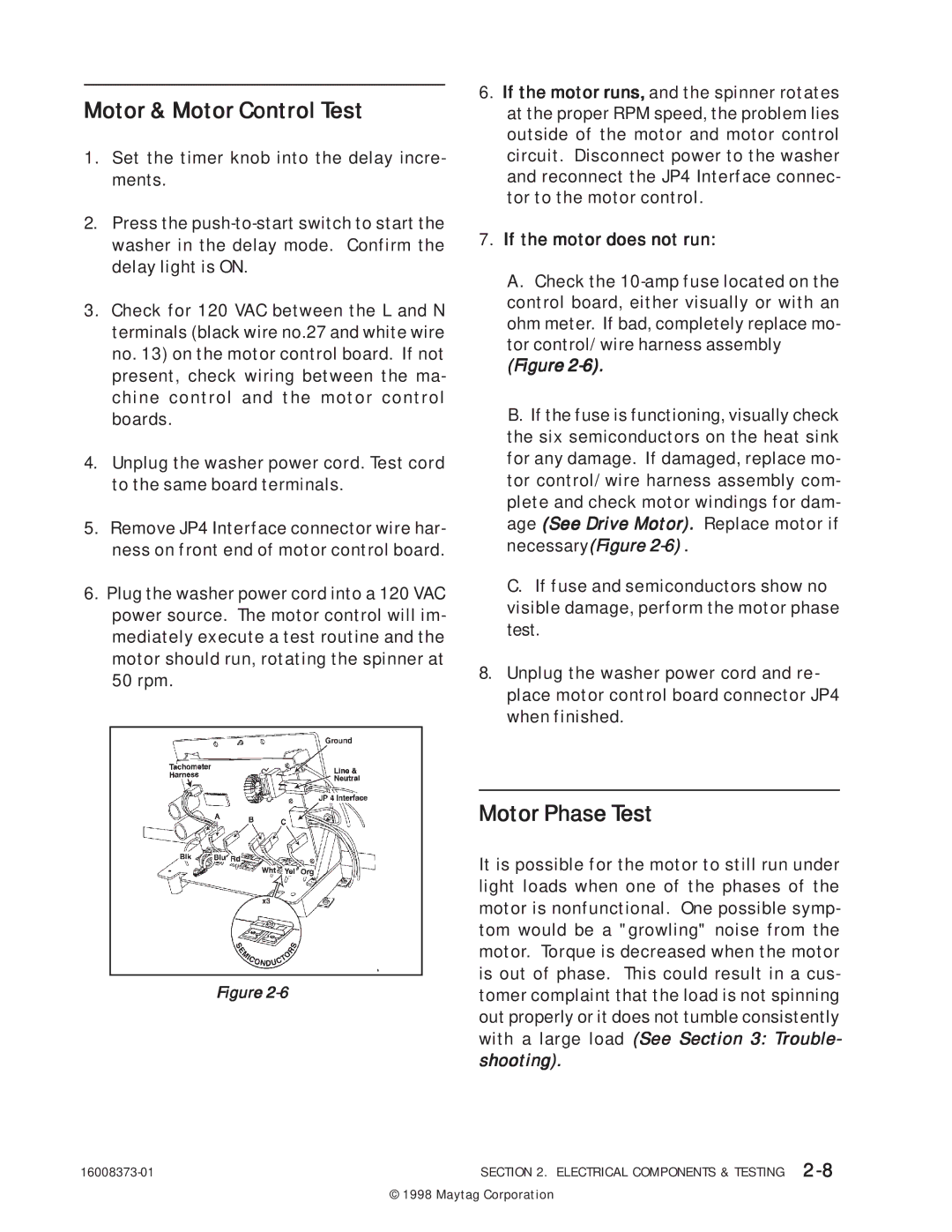 Maytag 16010061 service manual Motor & Motor Control Test 