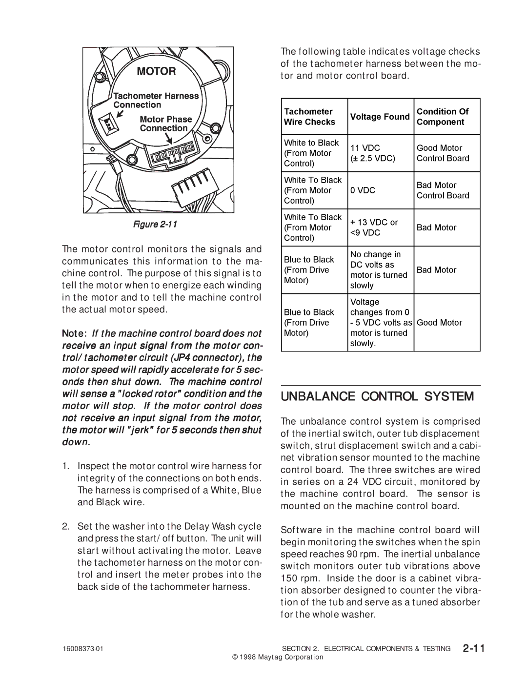 Maytag 16010061 service manual Unbalance Control System 