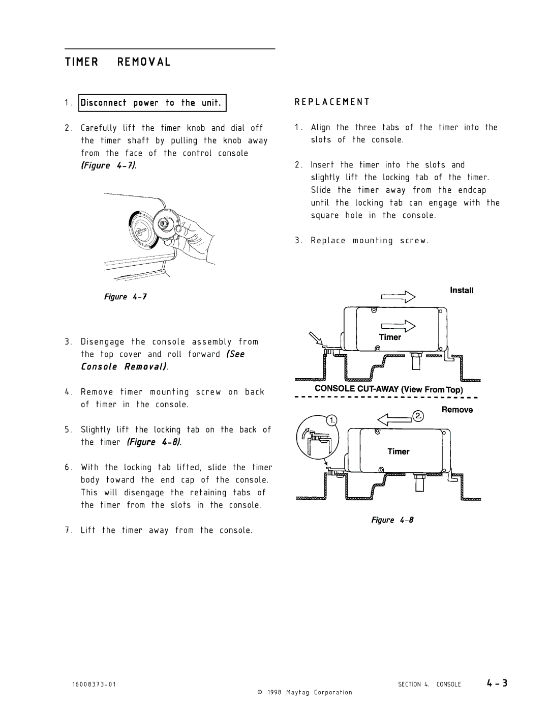 Maytag 16010061 service manual Timer Removal 