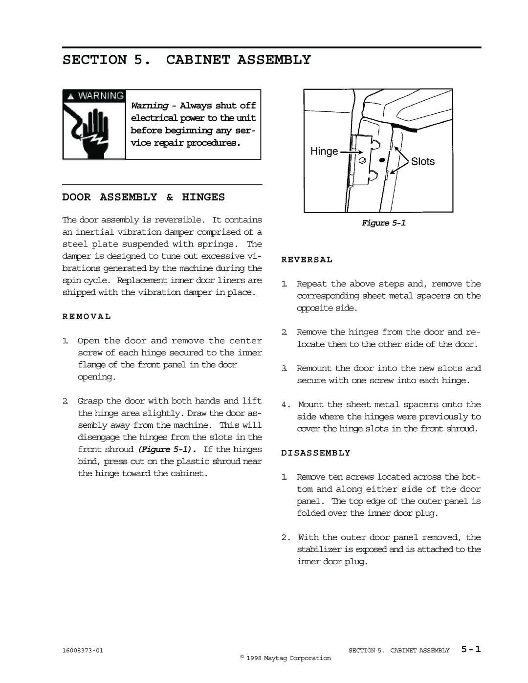 Maytag 16010061 service manual Cabinet Assembly, Door Assembly & Hinges 