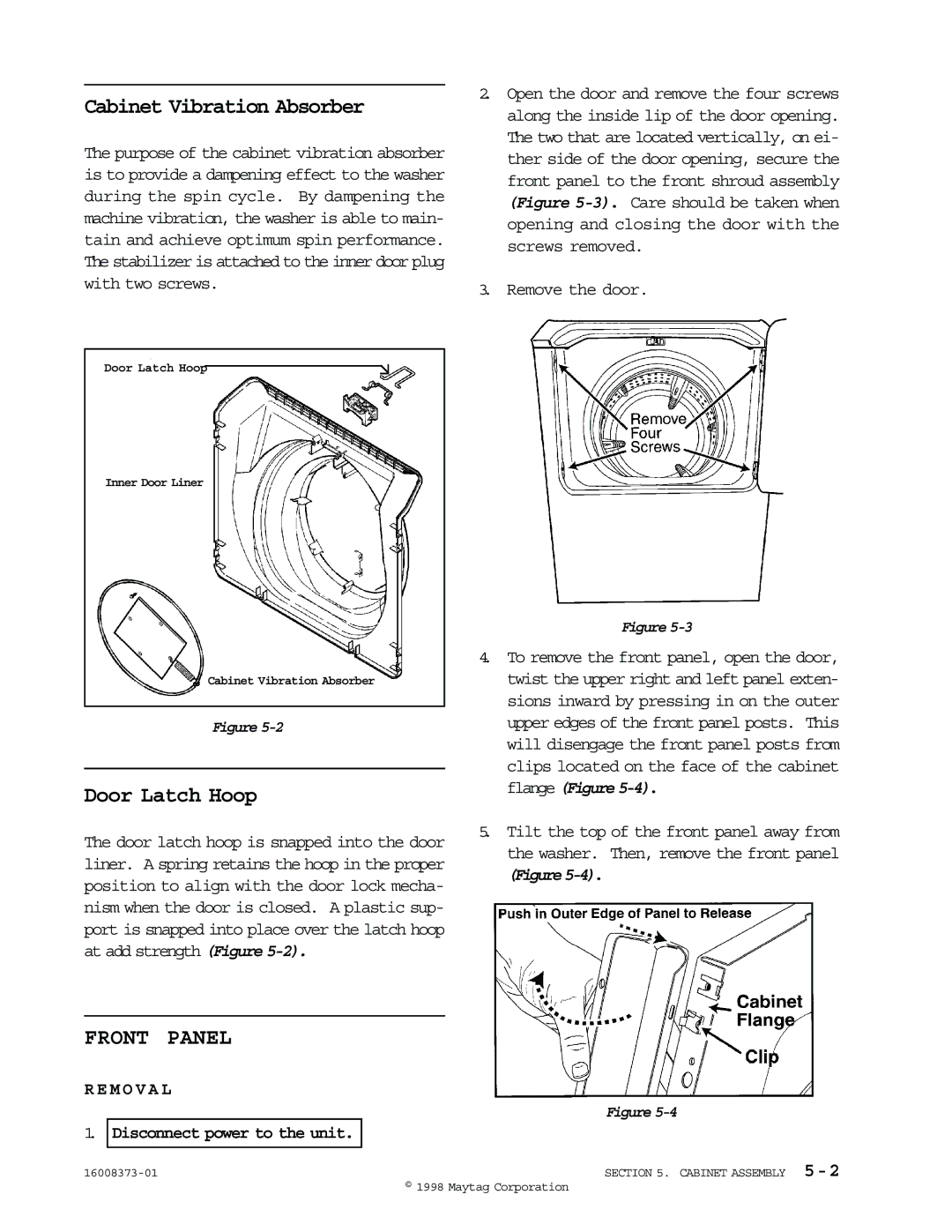 Maytag 16010061 service manual Cabinet Vibration Absorber, Front Panel 