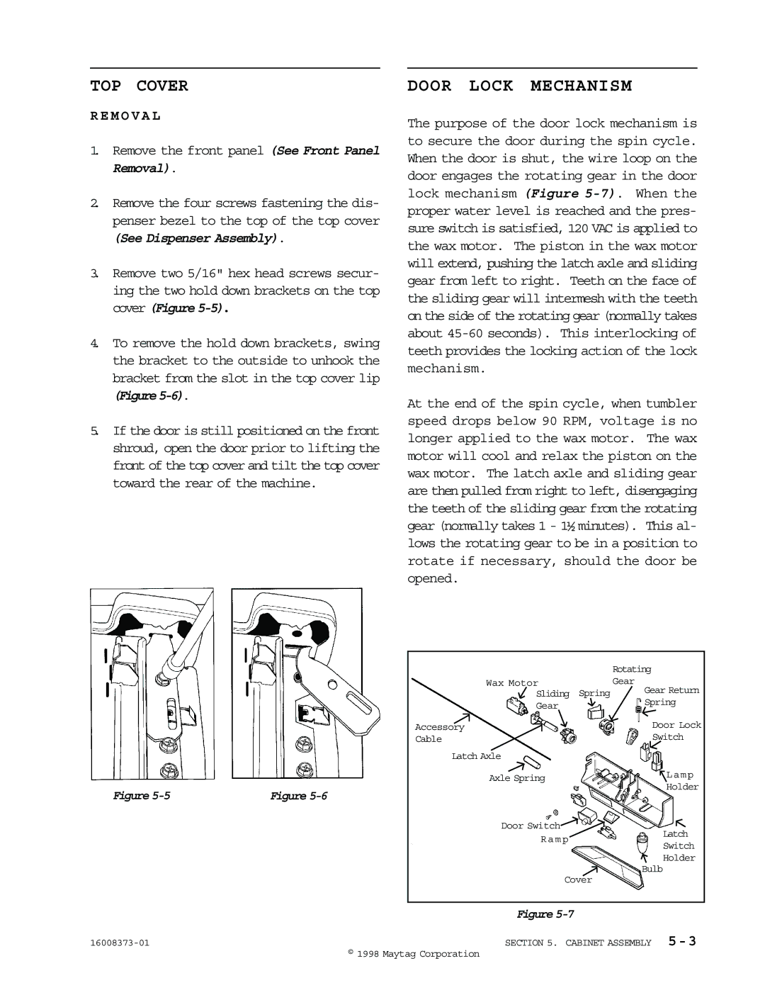 Maytag 16010061 service manual TOP Cover, Door Lock Mechanism 