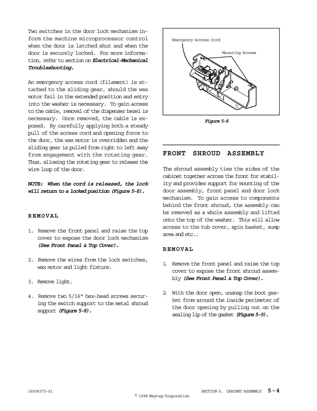 Maytag 16010061 service manual Front Shroud Assembly, Troubleshooting 