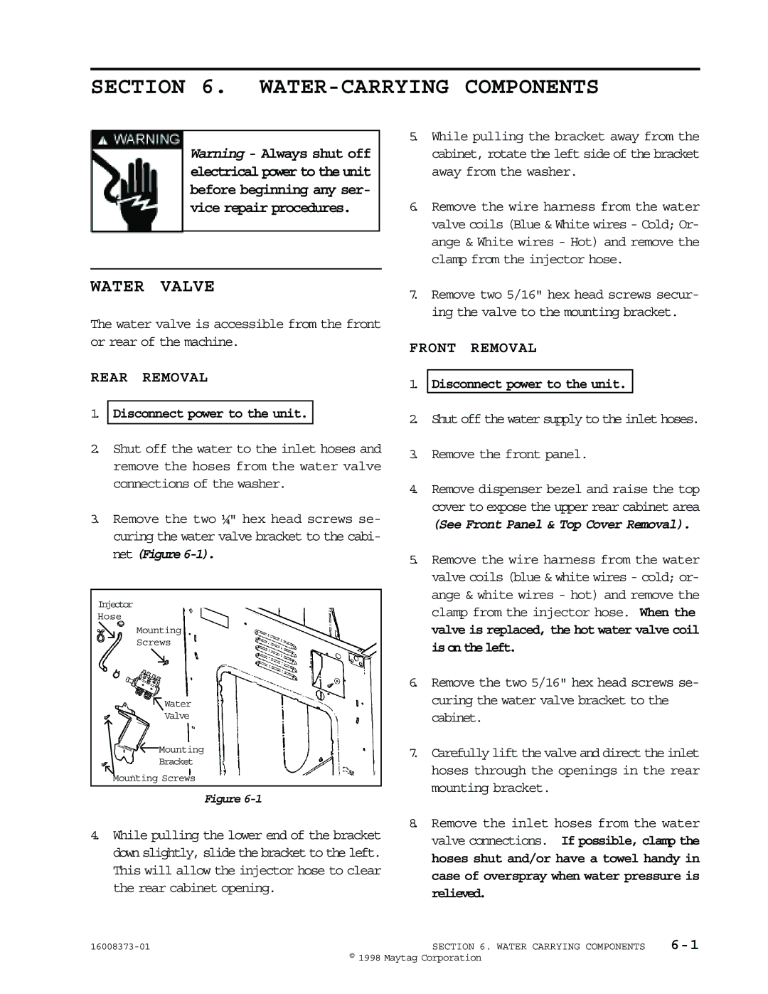 Maytag 16010061 service manual WATER-CARRYING Components, Water Valve 