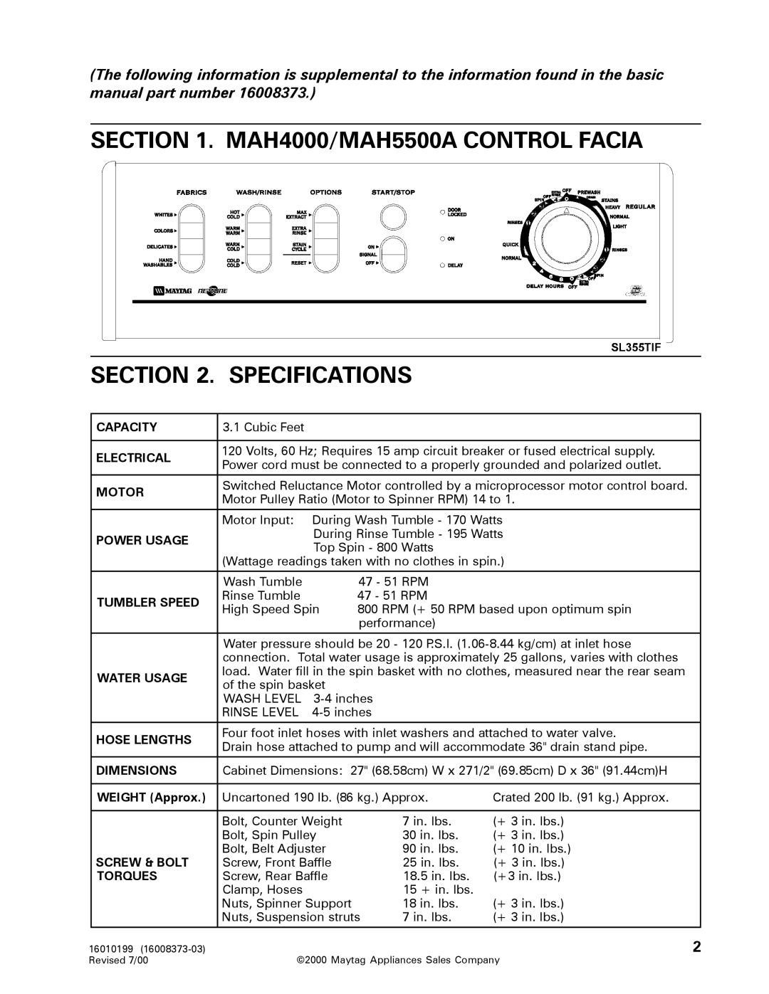 Maytag 16010061 service manual MAH4000/MAH5500A Control Facia Specifications, Electrical 