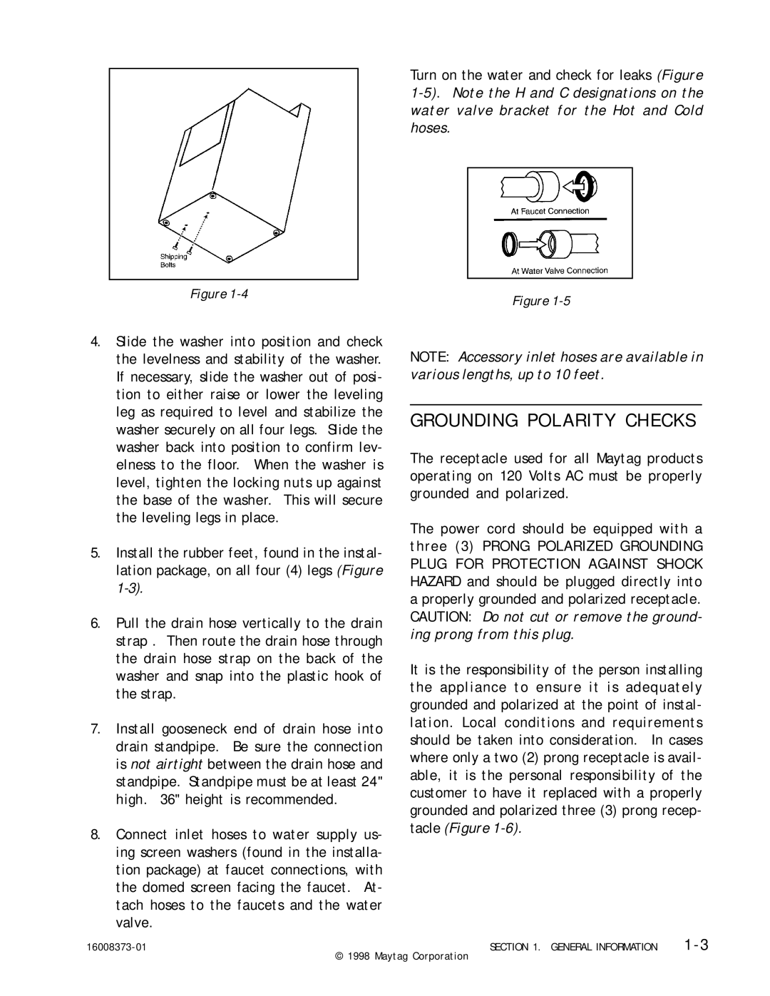 Maytag 16010061 service manual Grounding Polarity Checks 