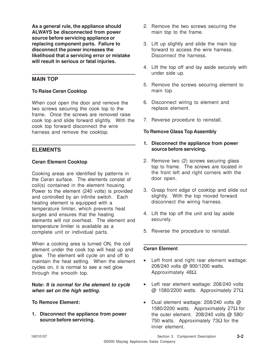 Maytag 16010107 service manual Main TOP, Elements, To Raise Ceran Cooktop, Ceran Element Cooktop 