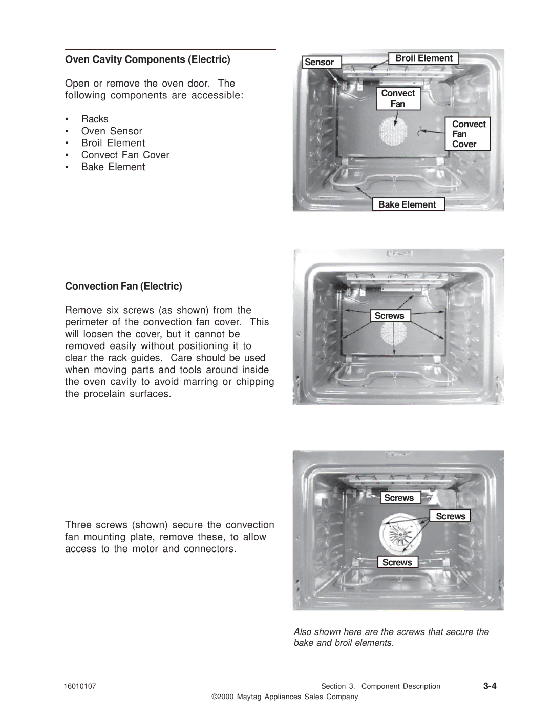 Maytag 16010107 service manual Oven Cavity Components Electric, Convection Fan Electric 