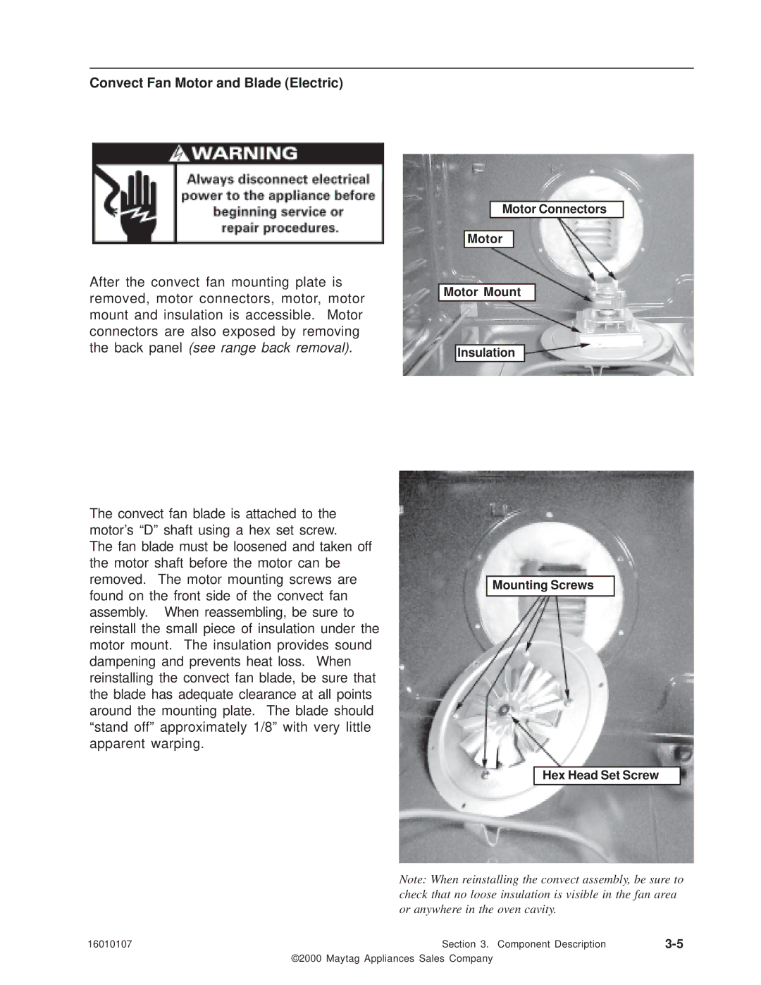 Maytag 16010107 service manual Convect Fan Motor and Blade Electric 