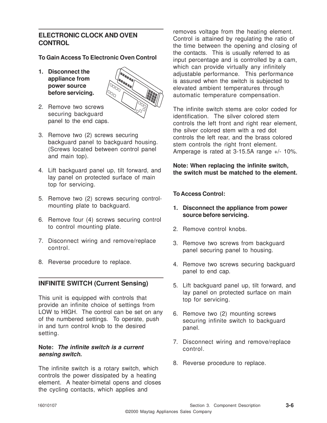 Maytag 16010107 service manual Electronic Clock and Oven Control, To Gain Access To Electronic Oven Control 