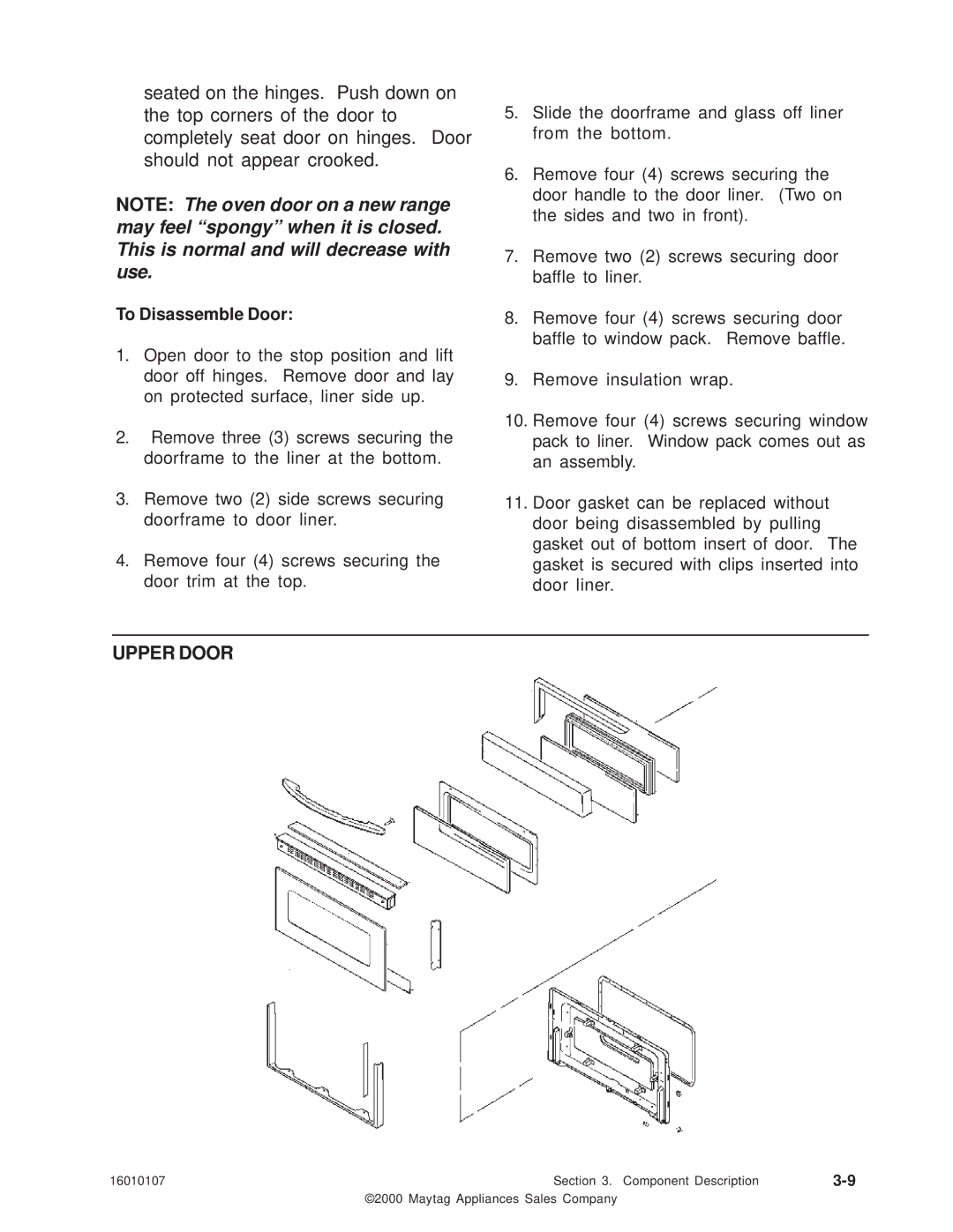 Maytag 16010107 service manual Upper Door, To Disassemble Door 