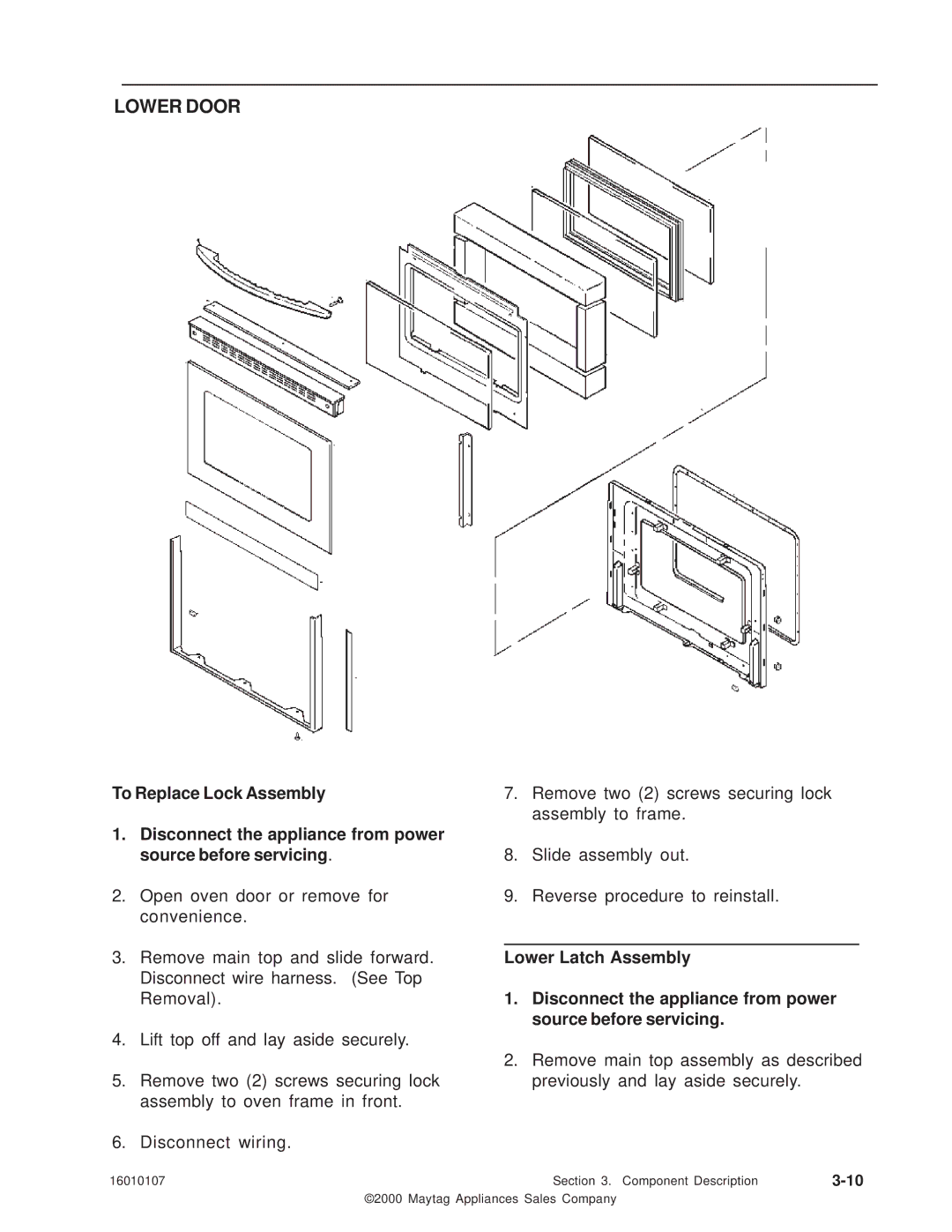 Maytag 16010107 service manual Lower Door 