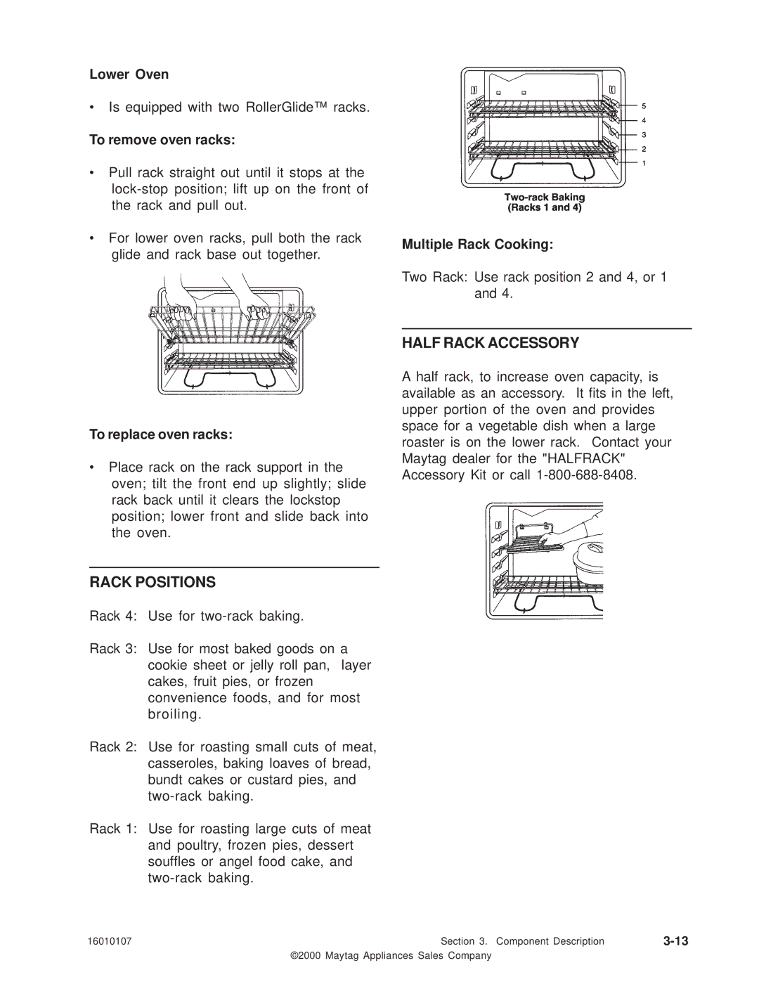 Maytag 16010107 service manual Rack Positions, Half Rack Accessory 