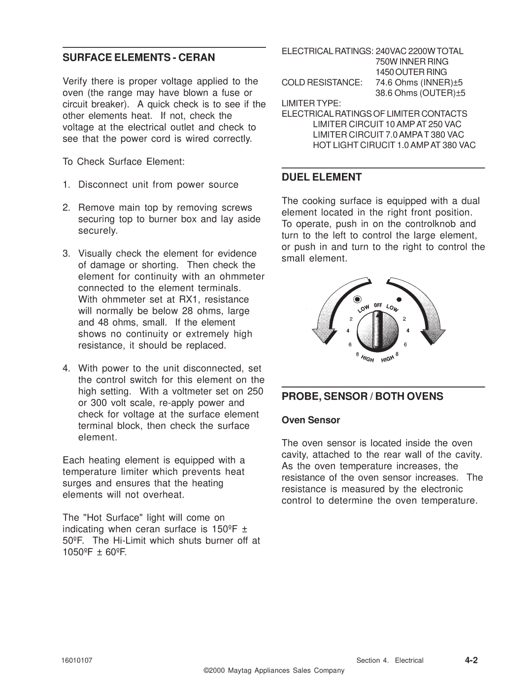 Maytag 16010107 service manual Surface Elements Ceran, Duel Element, PROBE, Sensor / Both Ovens 