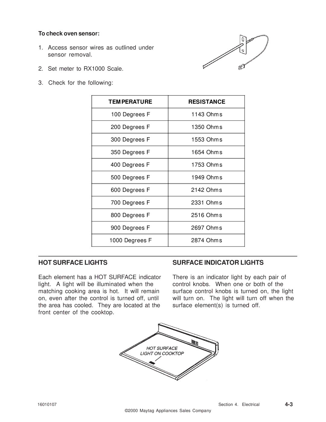 Maytag 16010107 service manual HOT Surface Lights, Surface Indicator Lights, To check oven sensor 