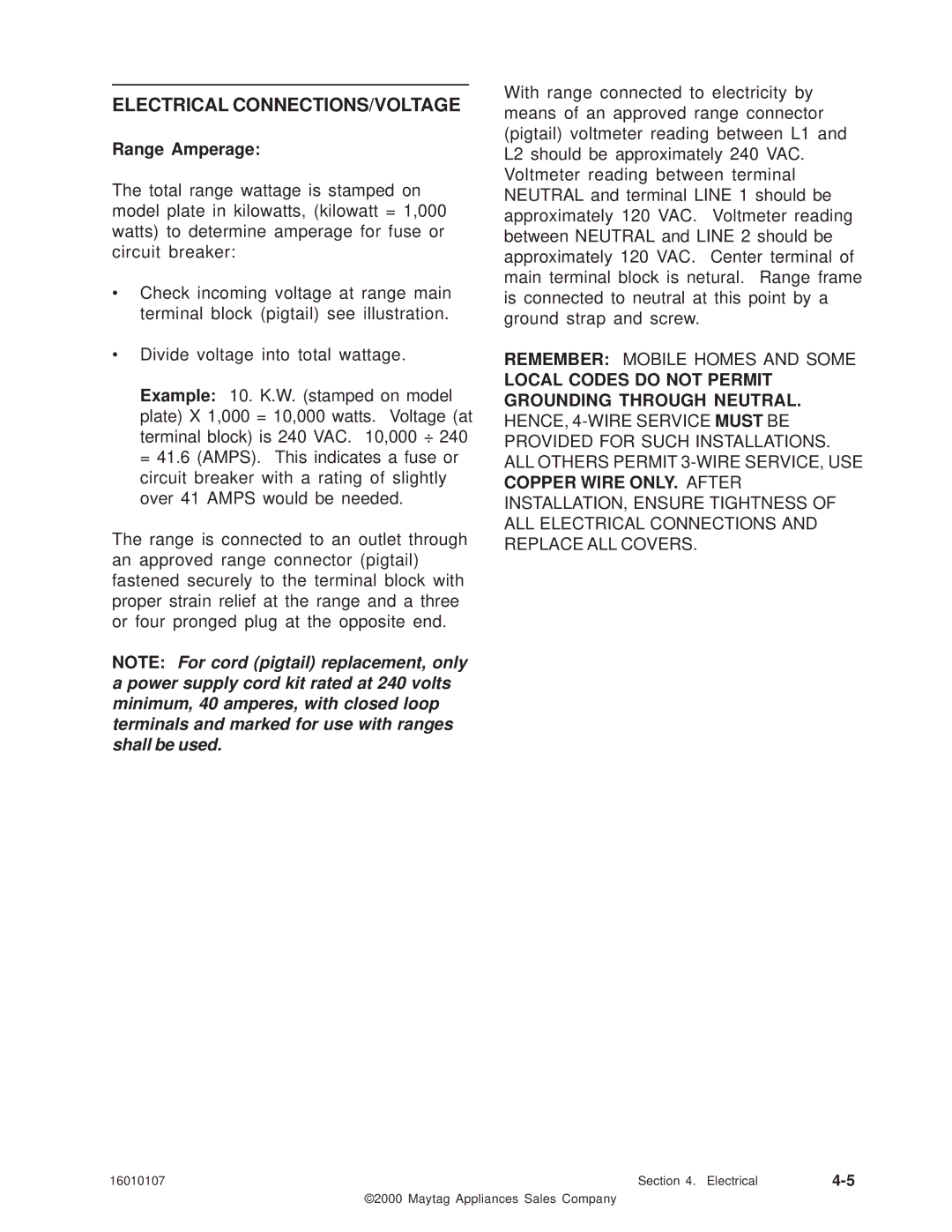 Maytag 16010107 service manual Electrical CONNECTIONS/VOLTAGE, Range Amperage 