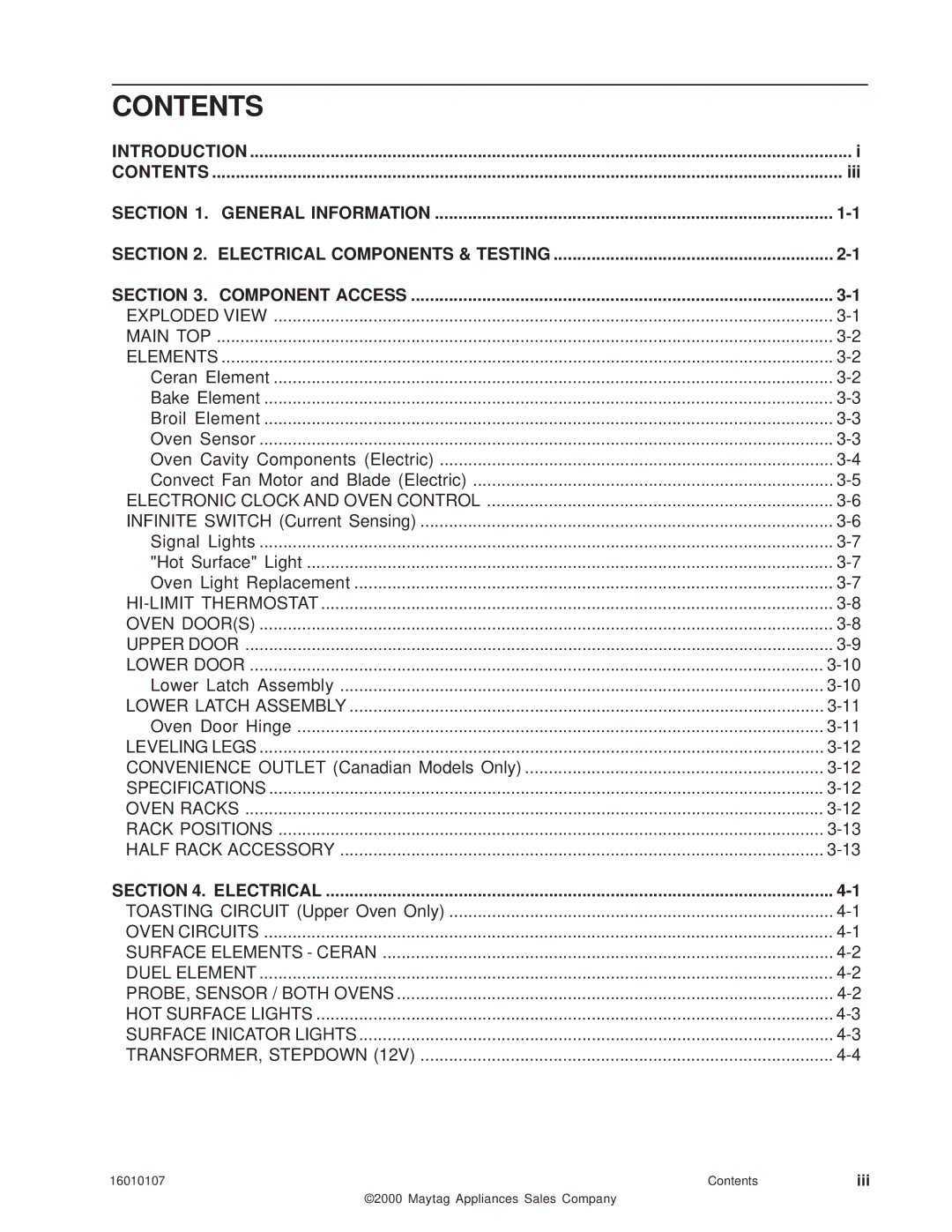 Maytag 16010107 service manual Contents 