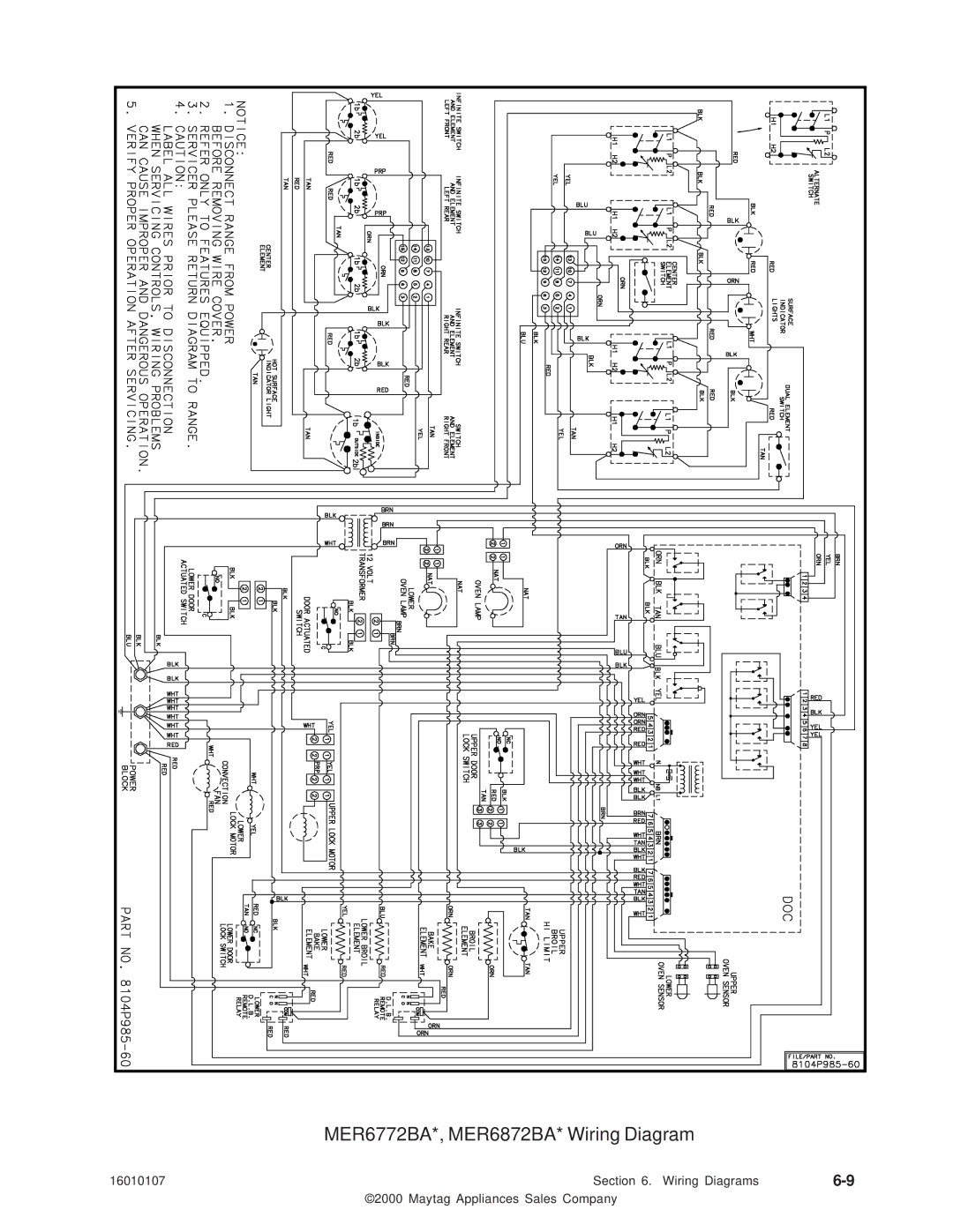 Maytag 16010107 service manual MER6772BA*, MER6872BA* Wiring Diagram 