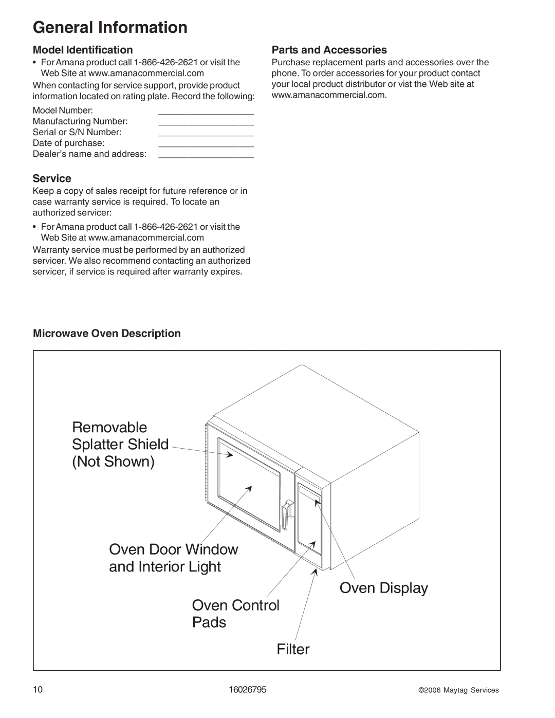 Maytag 1800 W - 2005 manual Model Identification, Service, Parts and Accessories Microwave Oven Description 