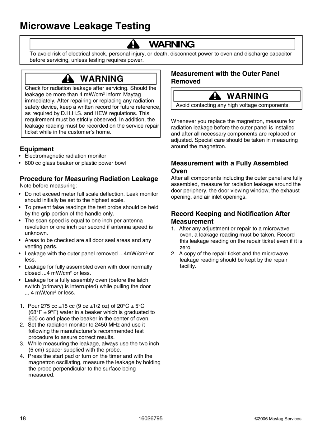 Maytag 1800 W - 2005 manual Microwave Leakage Testing 