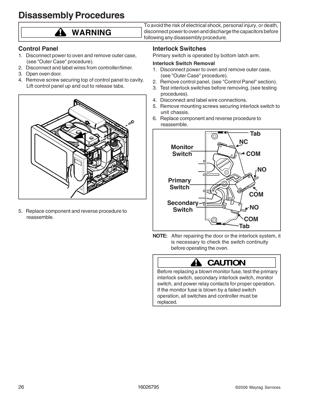 Maytag 1800 W - 2005 manual Control Panel, Interlock Switches, Interlock Switch Removal 