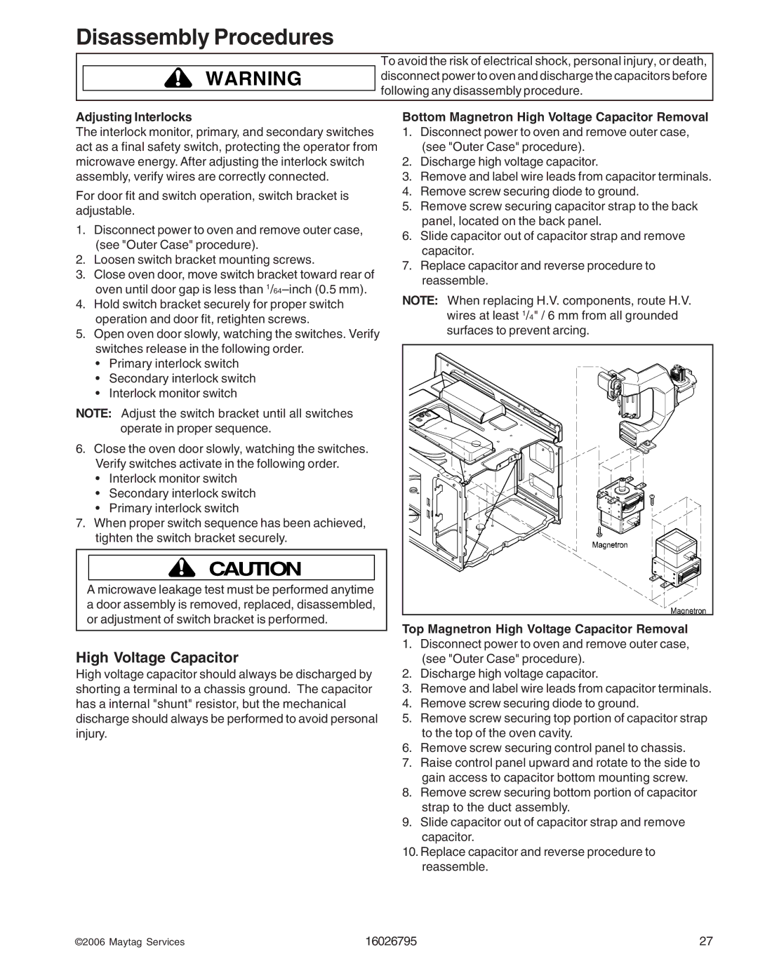 Maytag 1800 W - 2005 manual Adjusting Interlocks, Bottom Magnetron High Voltage Capacitor Removal 