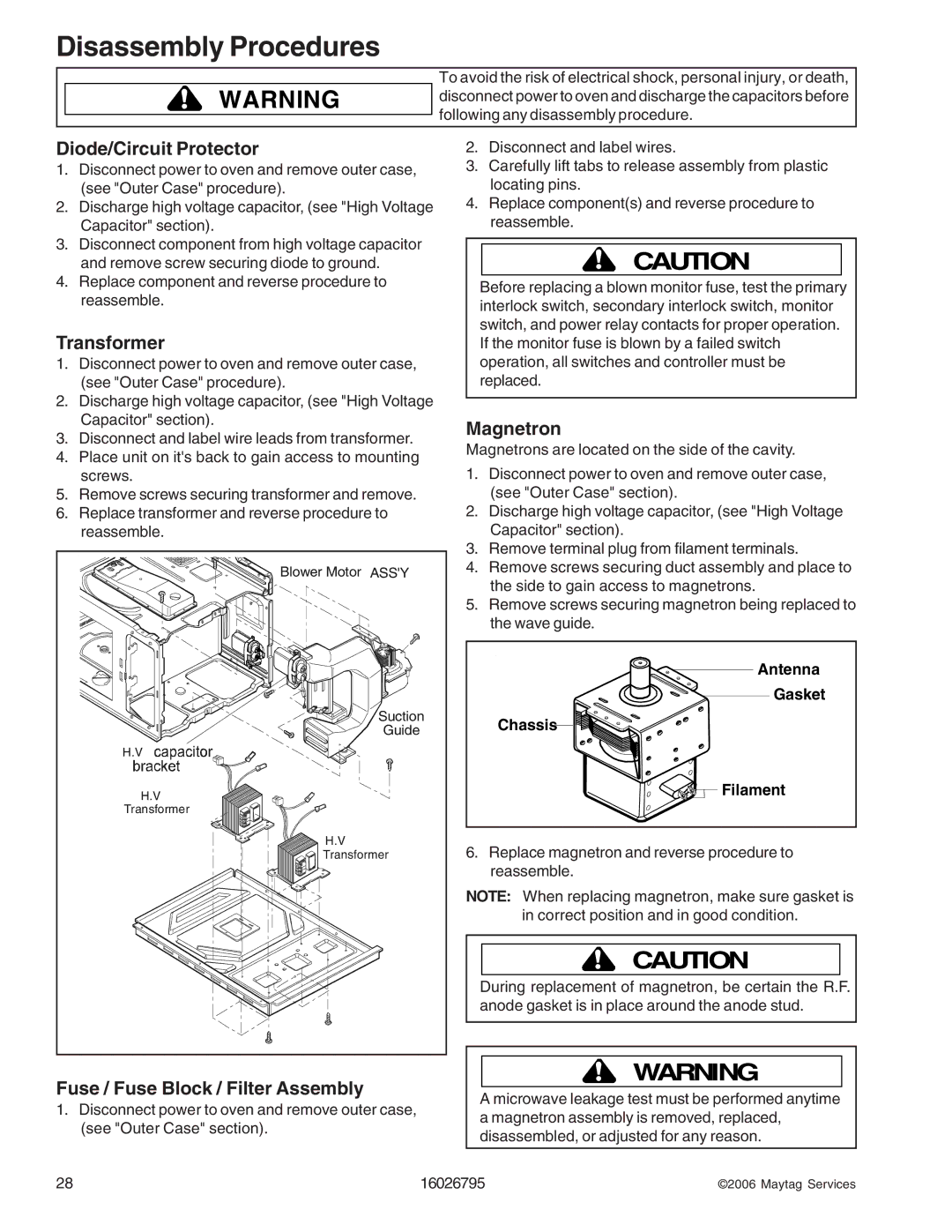 Maytag 1800 W - 2005 manual Diode/Circuit Protector, Transformer, Fuse / Fuse Block / Filter Assembly, Magnetron 