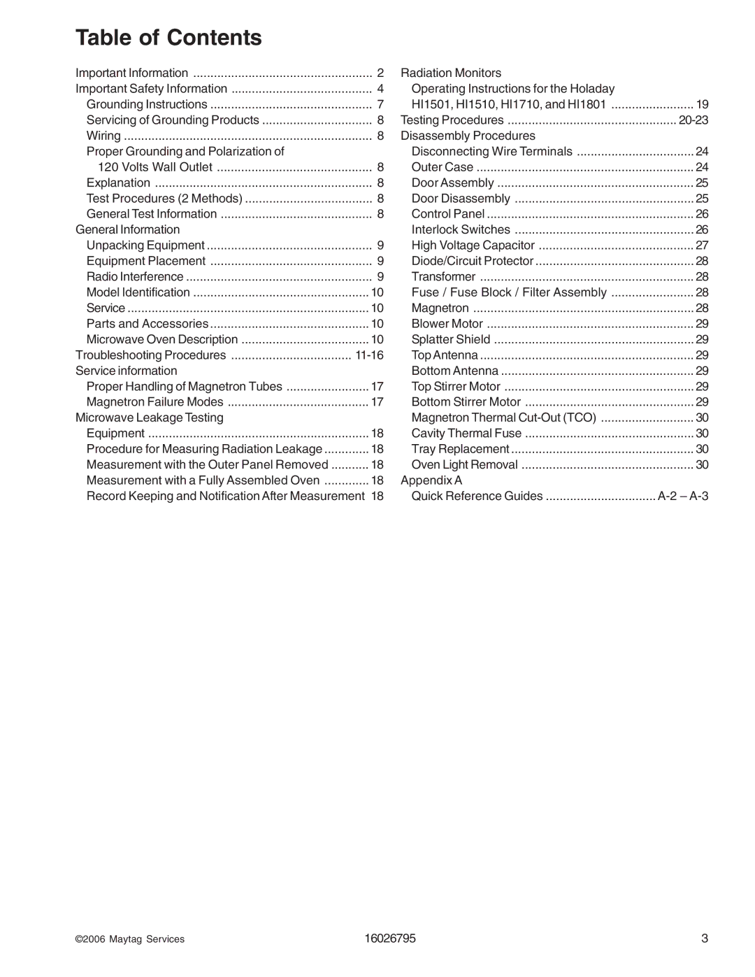 Maytag 1800 W - 2005 manual Table of Contents 