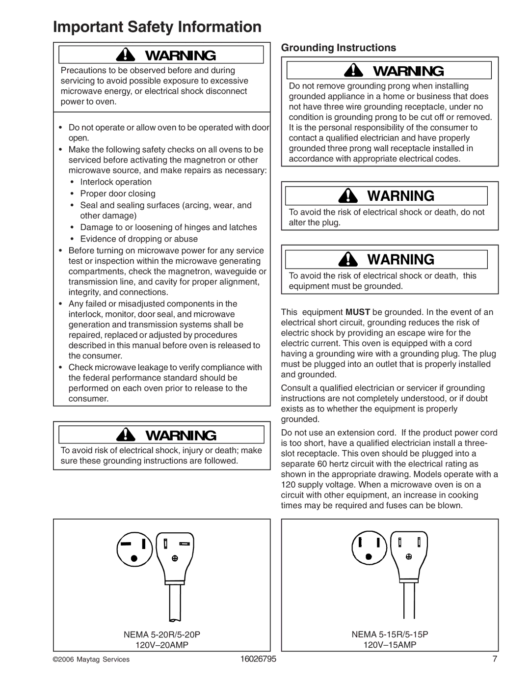 Maytag 1800 W - 2005 manual Grounding Instructions 