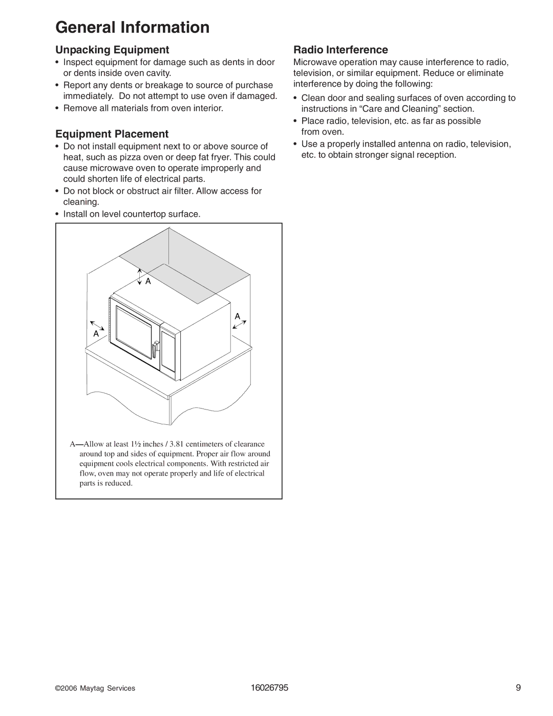 Maytag 1800 W - 2005 manual General Information, Unpacking Equipment, Equipment Placement, Radio Interference 