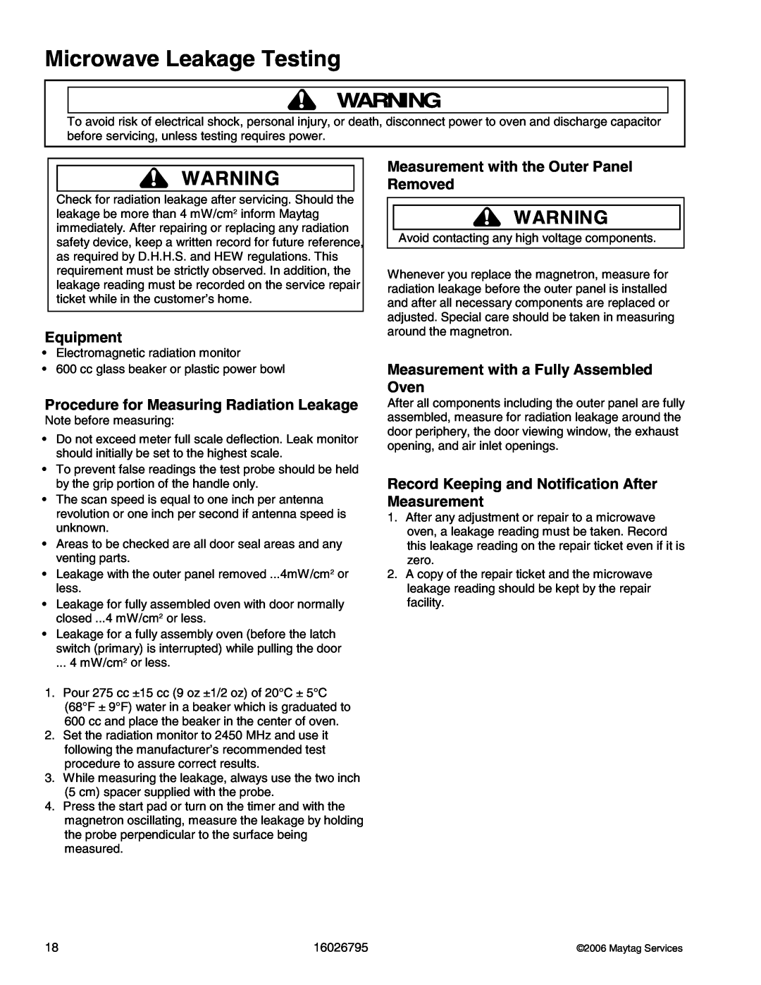 Maytag 1800 W - 2005 manual Microwave Leakage Testing, Equipment, Procedure for Measuring Radiation Leakage 