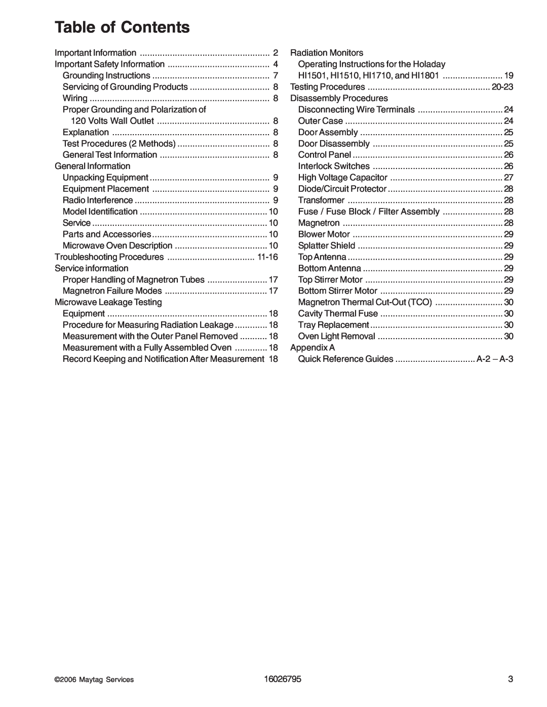 Maytag 1800 W - 2005 manual Table of Contents 