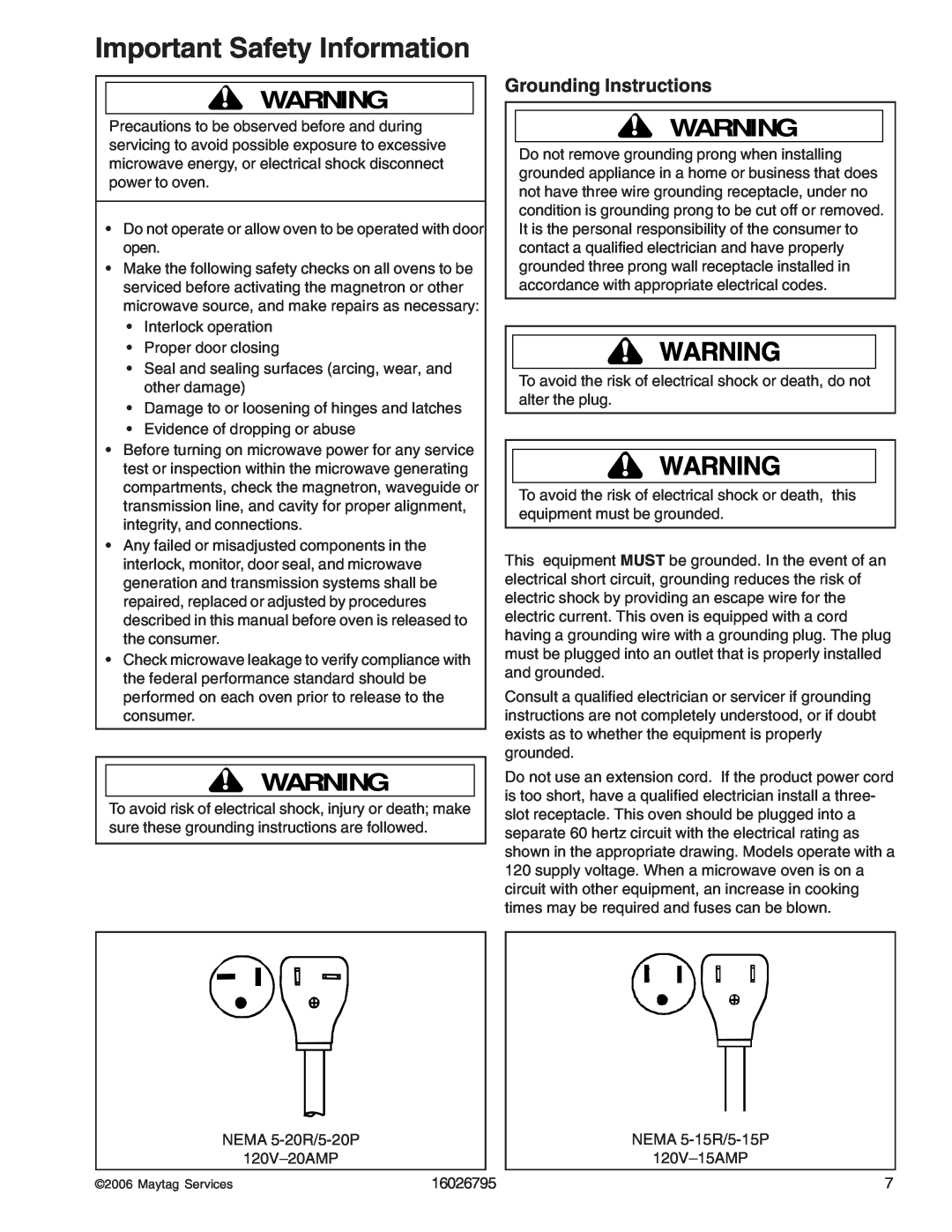 Maytag 1800 W - 2005 manual Grounding Instructions, Important Safety Information 
