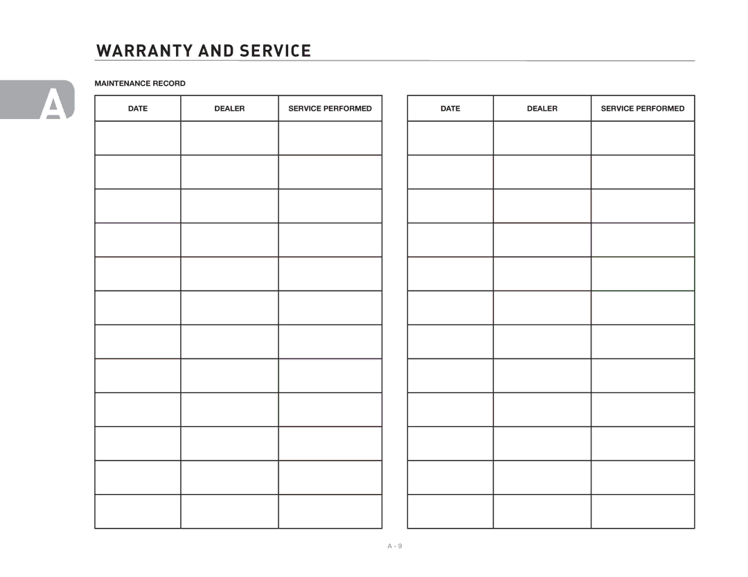 Maytag 2006 owner manual Maintenance Record Date Dealer Service Performed 