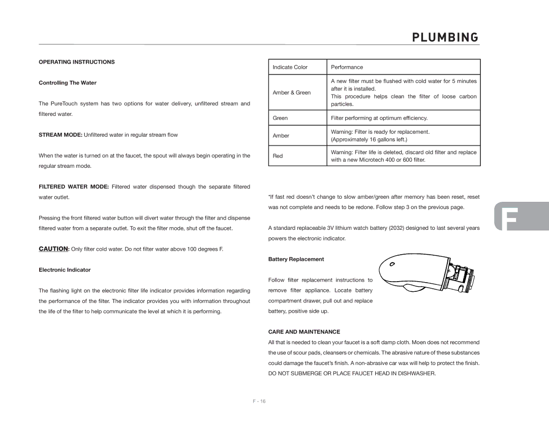 Maytag 2006 owner manual Operating Instructions, Controlling The Water, Electronic Indicator, Battery Replacement 