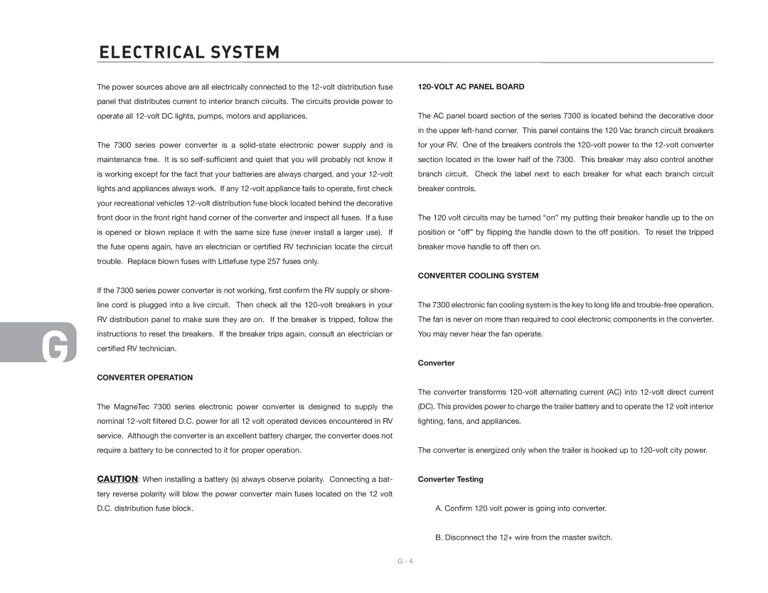 Maytag 2006 owner manual Converter Operation, Volt AC Panel Board, Converter Cooling System, Converter Testing 