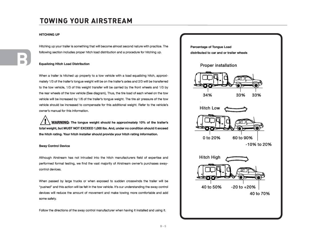 Maytag 2006 owner manual Towing Your Airstream, Hitching Up, Equalizing Hitch Load Distribution, Sway Control Device 