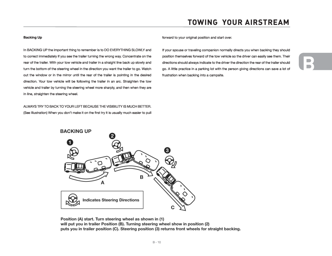 Maytag 2006 owner manual Towing Your Airstream, Backing Up 