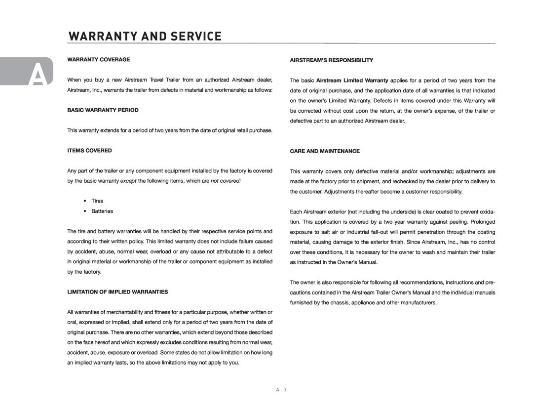 Maytag 2006 Warranty and Service, Warranty Coverage, Basic Warranty Period, Items Covered, Airstream’S Responsibility 